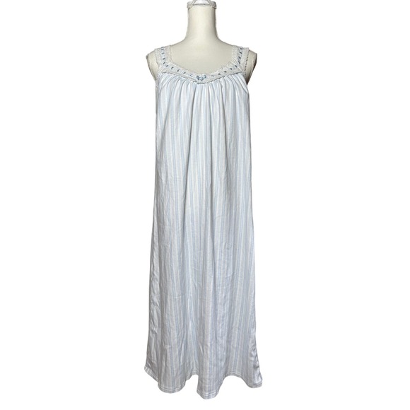 Vintage Charter Club Nightgown Blue Striped Sleeveless Cotton Lace Trim Coquette - Picture 1 of 6